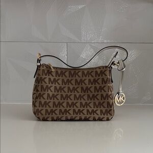 Michael Kors Brown Canvas Shoulder Bag with Gold Hardware